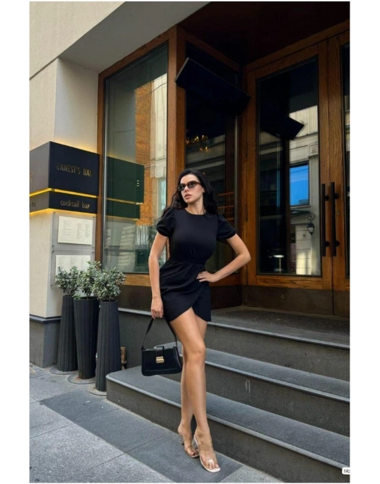 Bisiklet Yaka Elbise Kısa Kollu Mini