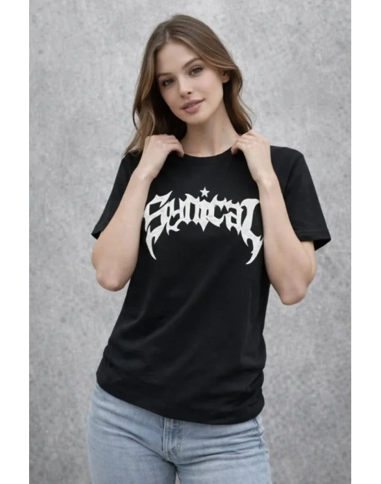 Bisiklet Yaka Ön Baskılı  Kısa Kollu Tişört Streetwear Günlük Basic Pamuklu T-shirt - Siyah