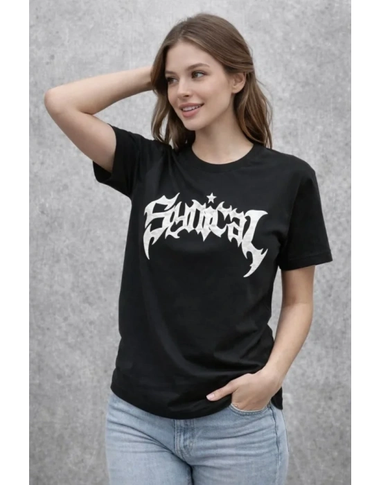 Bisiklet Yaka Ön Baskılı  Kısa Kollu Tişört Streetwear Günlük Basic Pamuklu T-shirt - Siyah