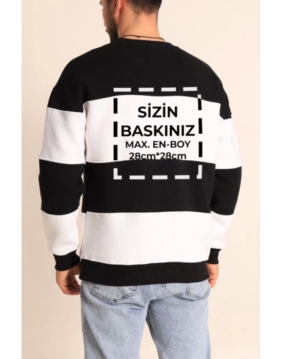 Bisiklet Yaka Parçalı Özel Üretim Sweatshirt- Siyah