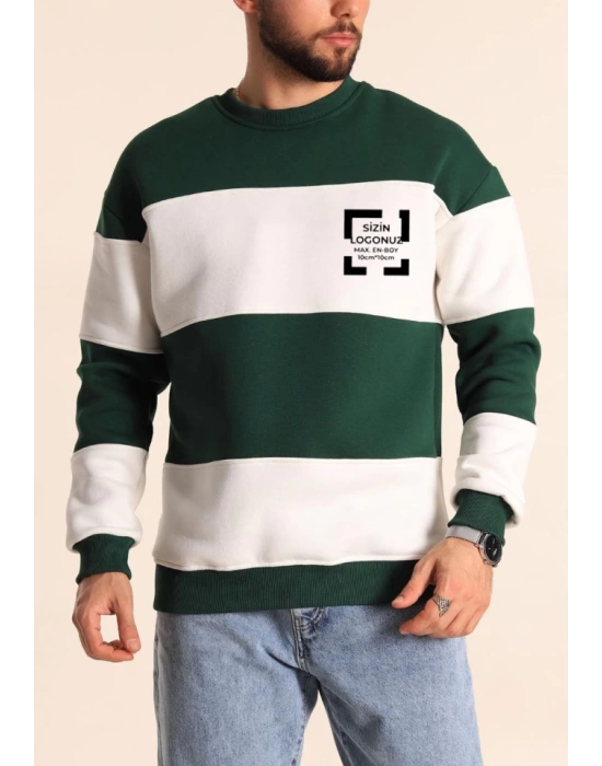 Bisiklet Yaka Parçalı Özel Üretim Sweatshirt- Yeşil