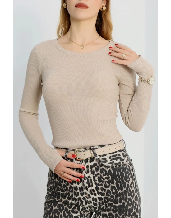 Bisiklet Yaka Parmak Geçmeli Kaşkorse bluz bej a3829