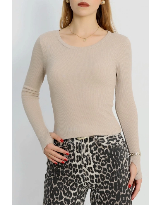 Bisiklet Yaka Parmak Geçmeli Kaşkorse bluz bej a3829