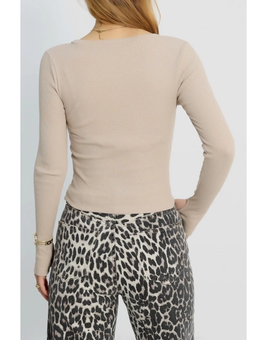 Bisiklet Yaka Parmak Geçmeli Kaşkorse bluz bej a3829