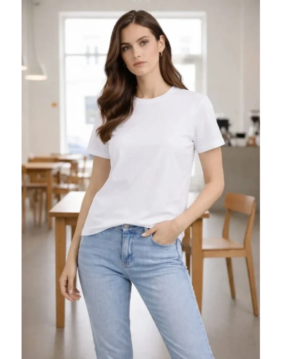 Bisiklet Yaka Tişört Regular Kalıp Basic Pamuklu Günlük Kullanım T-shirt - Beyaz