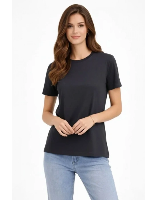 Bisiklet Yaka Tişört Regular Kalıp Basic Pamuklu Günlük Kullanım T-shirt - Füme