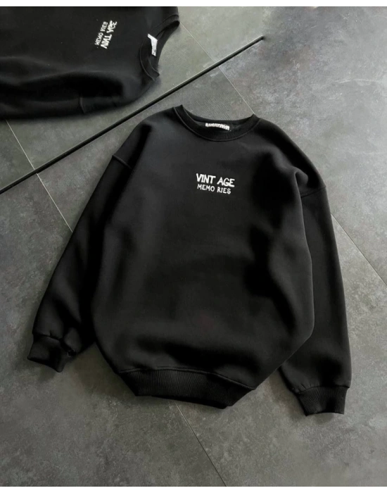 Bisiklet Yaka Üç İplik Baskılı Oversize SweatShirt - Siyah