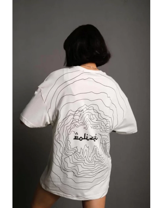 Bisiklet Yakalı Sırt Baskılı Oversize T-Shirt - Beyaz