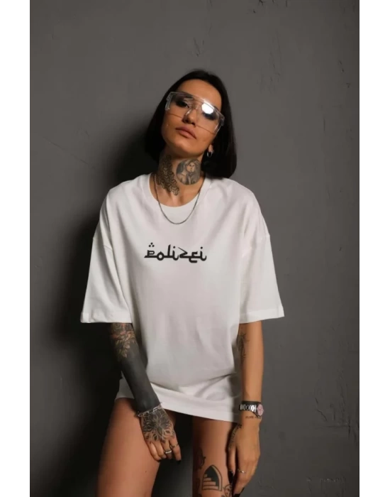 Bisiklet Yakalı Sırt Baskılı Oversize T-Shirt - Beyaz