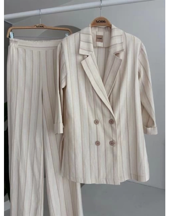 Blazer Ceketli Çizgili Keten Takım 10186