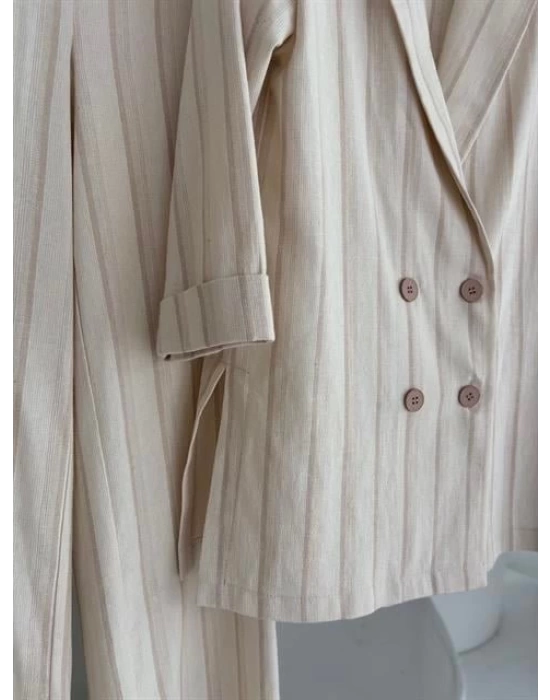 Blazer Ceketli Çizgili Keten Takım 10186
