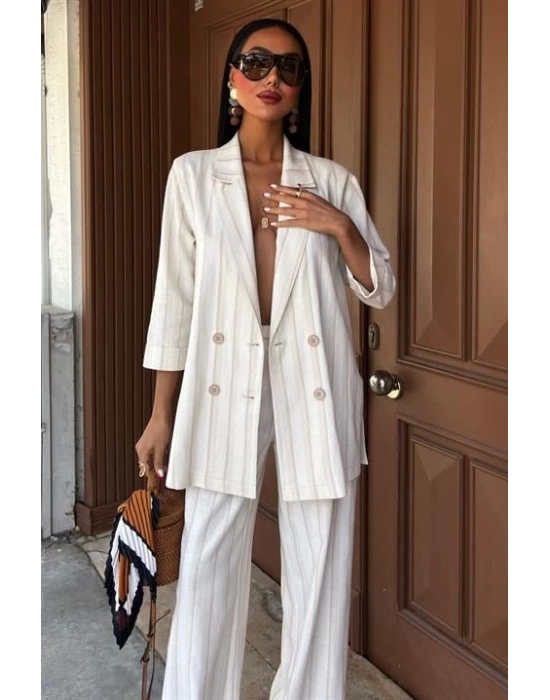 Blazer Ceketli Çizgili Keten Takım 10186