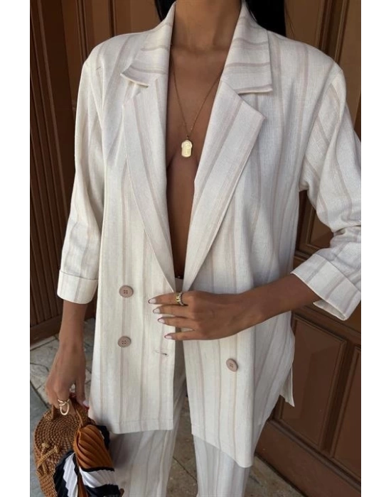 Blazer Ceketli Çizgili Keten Takım 10186