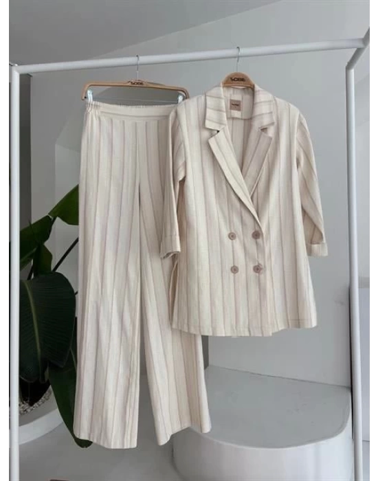 Blazer Ceketli Çizgili Keten Takım 10186