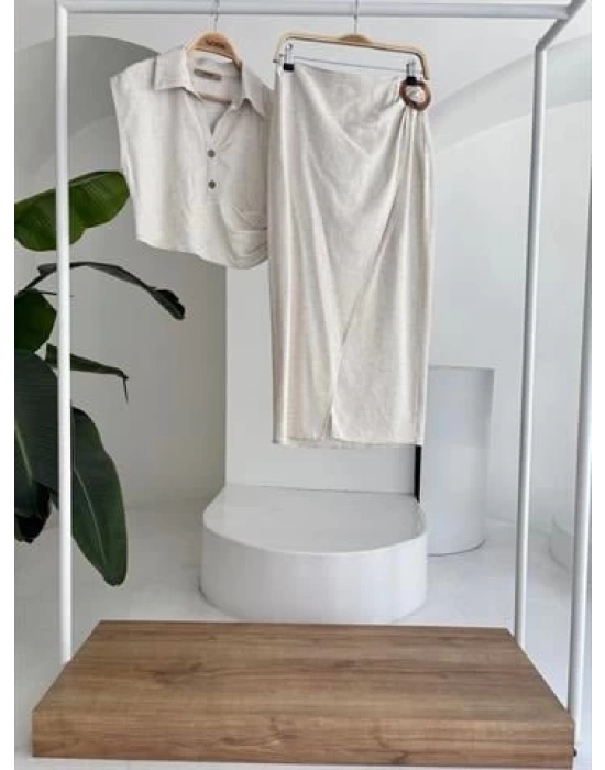 Bluzu Büzgülü Ve Eteği Tokalı Keten Takım 10204