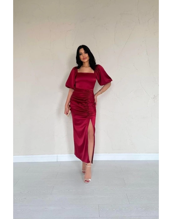 Bordo Büzgülü Saten Elbise