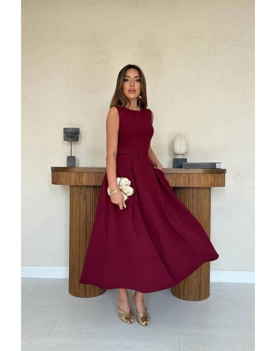 Bordo Halter Yaka Kloş Elbise