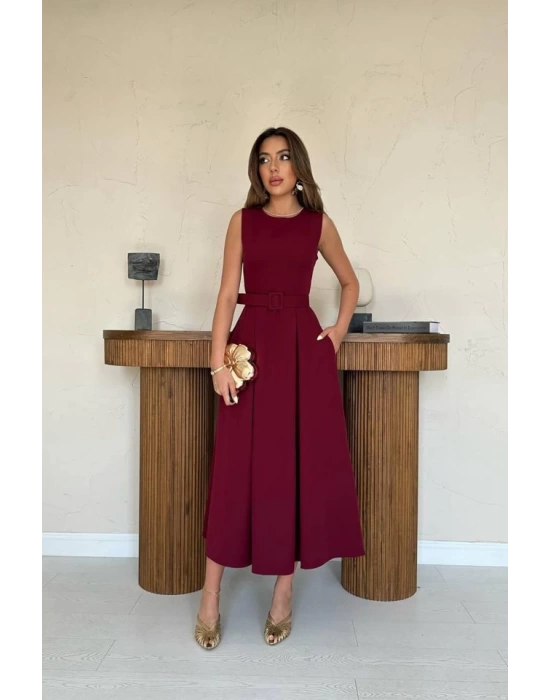 Bordo Halter Yaka Kloş Elbise