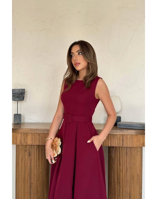 Bordo Halter Yaka Kloş Elbise