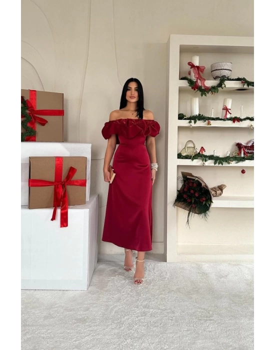 Bordo Omuz Büzgülü Saten Elbise