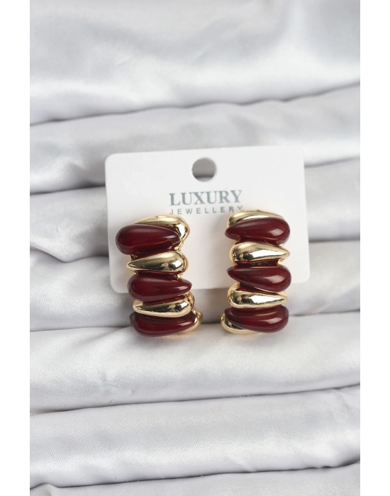 Bordo Renk Pirinç Vintage Kadın Küpe
