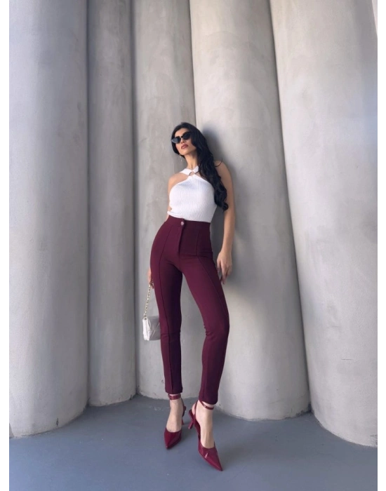 Bordo Renk Yüksek Bel Maskülen Kesim Kumaş Pantolon