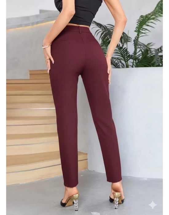 Bordo Renk Yüksek Bel Maskülen Kesim Kumaş Pantolon