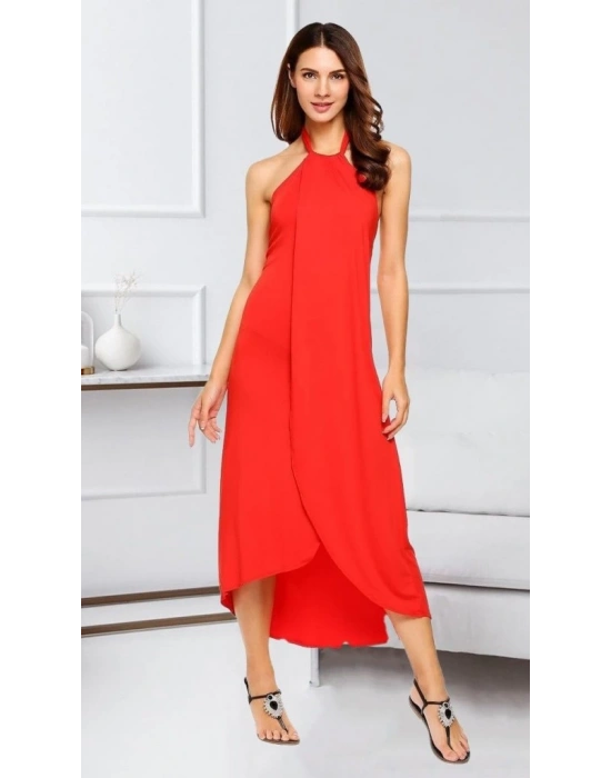 Boyun Askılı Eteği Kruvaze Kesim Viskon Kumaş Elbise