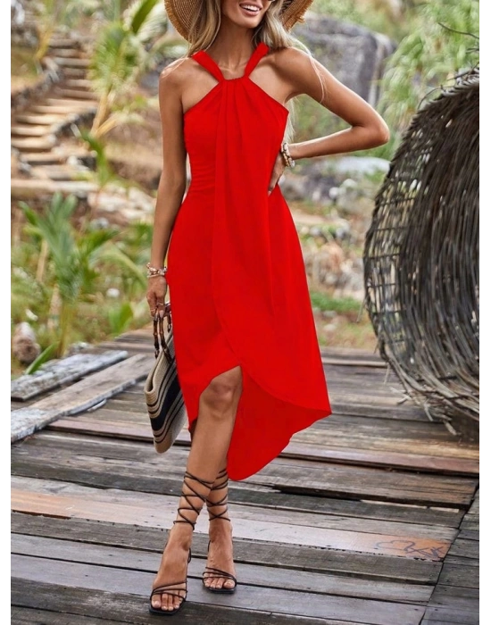 Boyun Askılı Eteği Kruvaze Kesim Viskon Kumaş Elbise