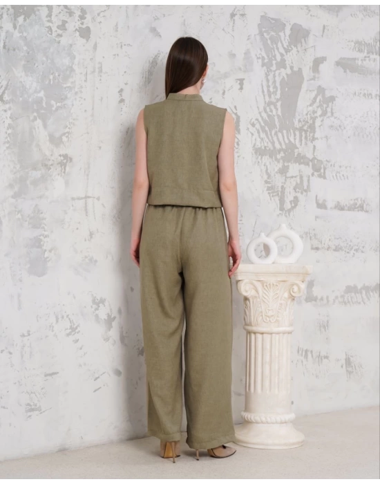 Broşlu yelek pantolon takım haki s255821