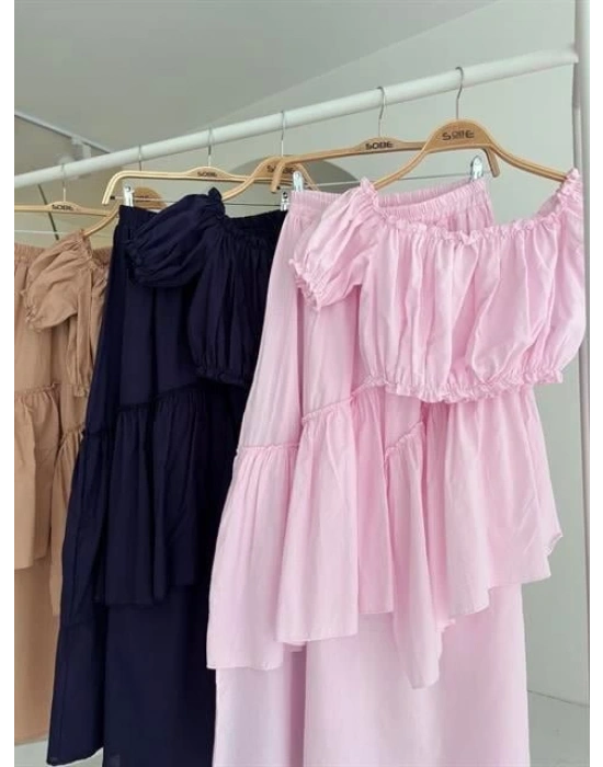 Büzgülü Crop Kat Detaylı Fırfır Etekli Takım 10196