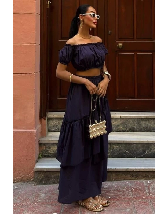 Büzgülü Crop Kat Detaylı Fırfır Etekli Takım 10196