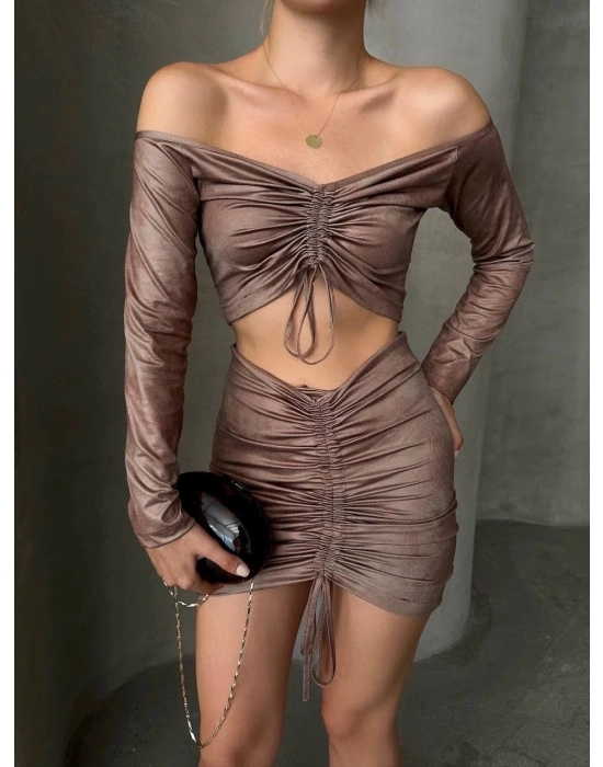 Büzgülü etek bluz takım kahve s24709