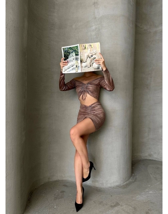 Büzgülü etek bluz takım kahve s24709