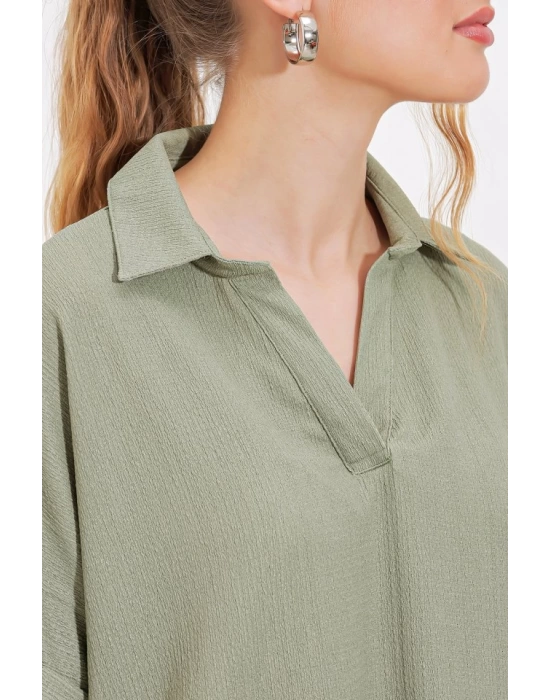 Çağla Oversize Polo Yaka Örme Bluz 0486