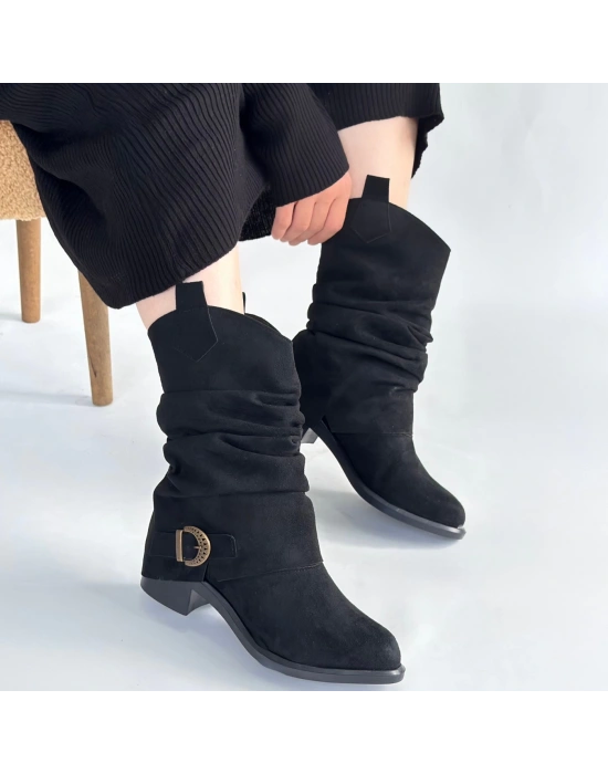 Canty Siyah Süet Körüklü Topuklu Çizme