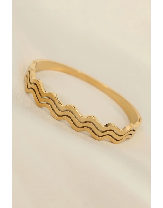 Çelik Gold Renk Dalgalı Model Kelepçe Bilezik
