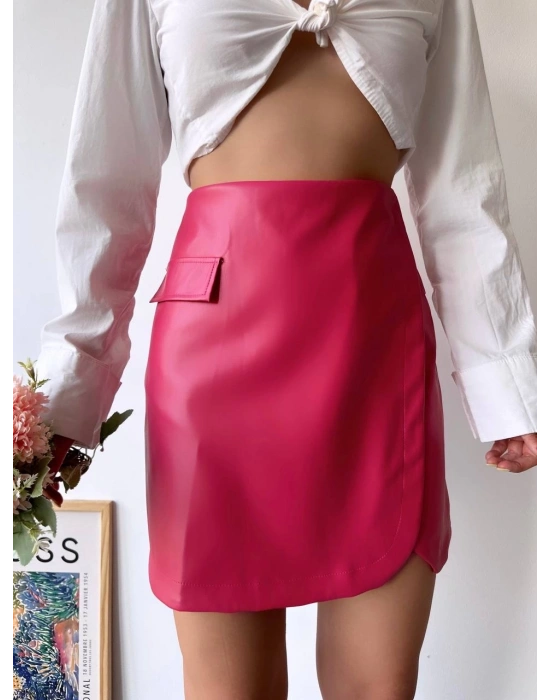 Cep detaylı oval kapaklı deri etek fuşya h240048