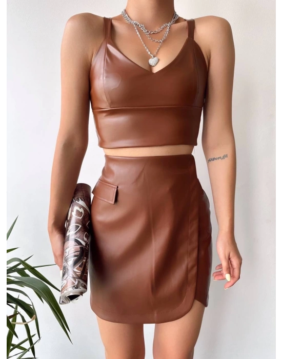 Cep detaylı oval kapaklı deri etek kahve h240048