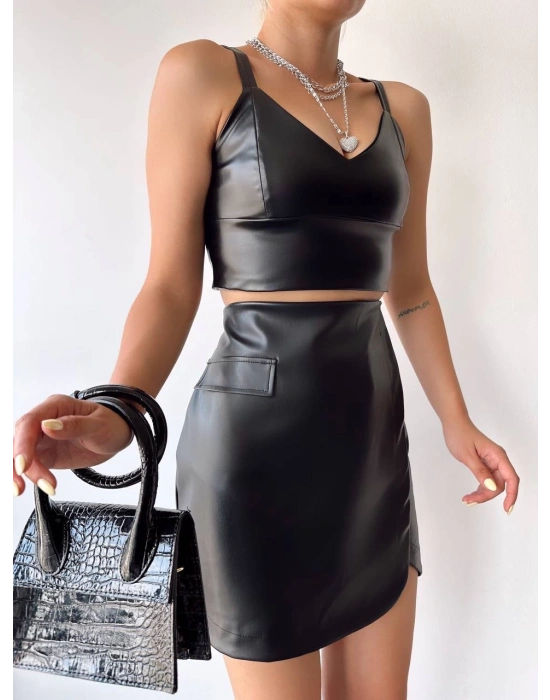 Cep detaylı oval kapaklı deri etek siyah h240048