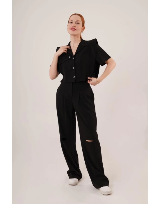 Cepli Düğmeli Bluz Ve Diz Detaylı Pantolon Siyah İkili Takım