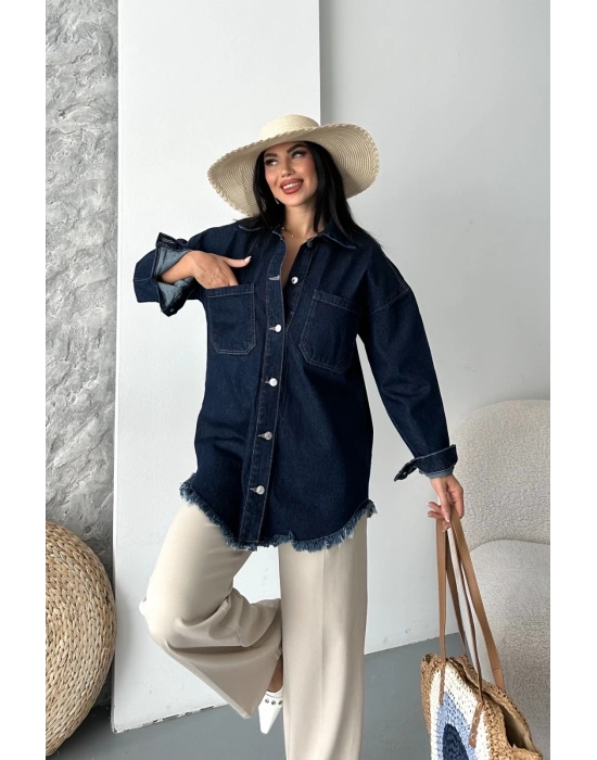 Cepli püsküllü kar yıkama kot ceket koyu mavi d2515