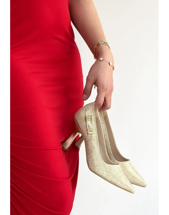 Cerin Gold Saten Simli Topuklu Ayakkabı