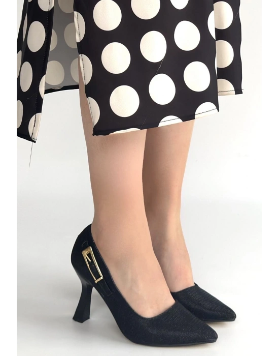 Cerin Siyah Saten Simli Topuklu Ayakkabı