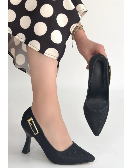 Cerin Siyah Saten Simli Topuklu Ayakkabı