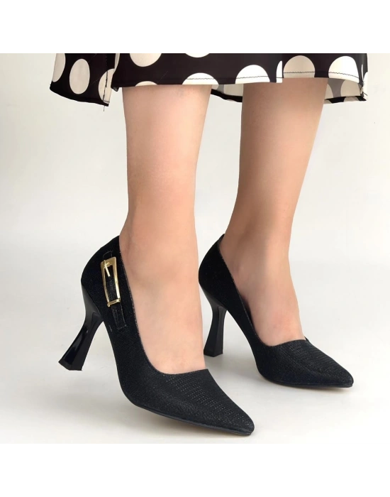 Cerin Siyah Saten Simli Topuklu Ayakkabı