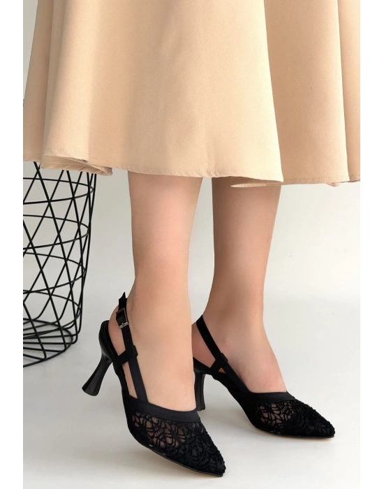 Ceta Siyah Cilt Tül Detaylı Topuklu Ayakkabı