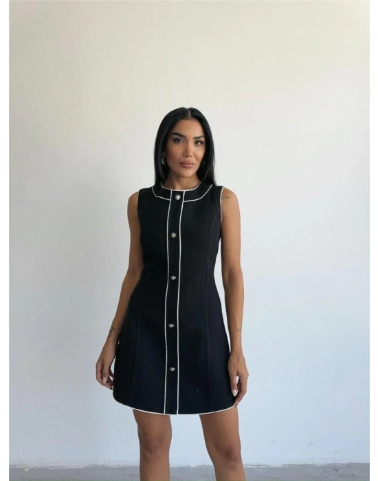 CHANEL KUMAŞ KISA ÖNDEN DÜĞMELİ ELBİSE - Siyah
