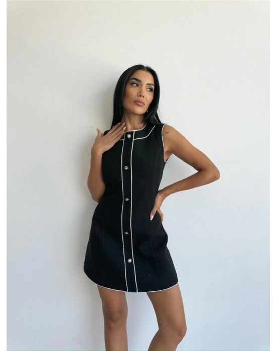 CHANEL KUMAŞ KISA ÖNDEN DÜĞMELİ ELBİSE - Siyah