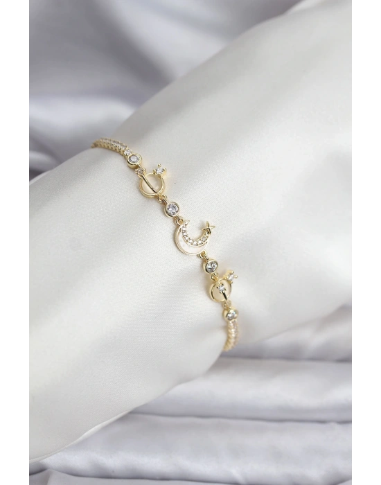 Charmlı Model Zirkon Taşlı Gold Renk Su Yolu Kadın Bileklik